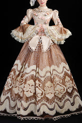 Champagne Multi-Layer Hime Sleeves High Waisted Hollow Embroidery Three-Dimensional Flower Print Victorian Lolita Prom Dress
